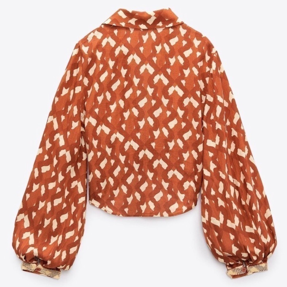 Zara Linen Blend Printed Wrap Crop Top Terracotta And Cream side zip closure NWT - Picture 6 of 10